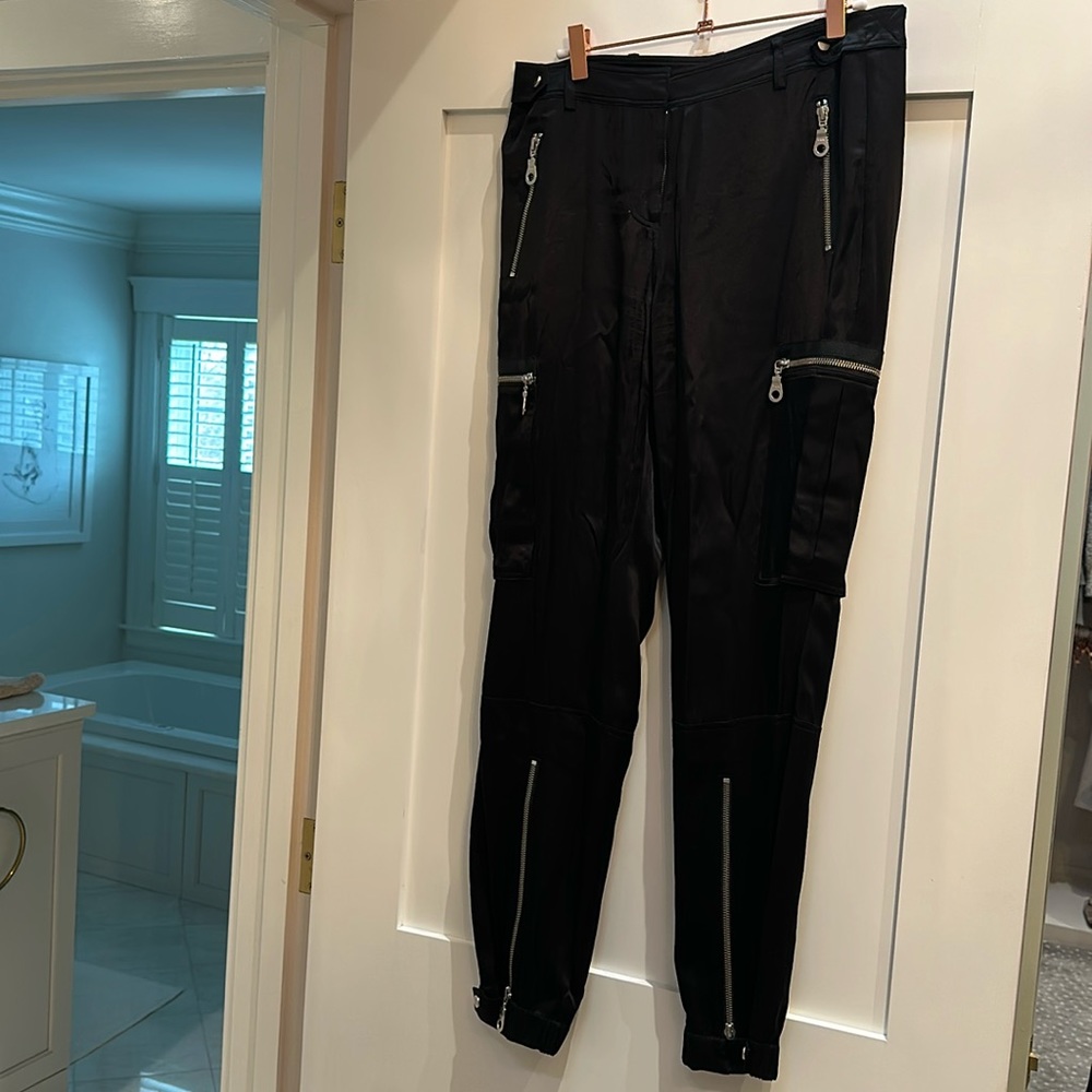 L.A.M.B satin jogger with zipper silver details size 6.